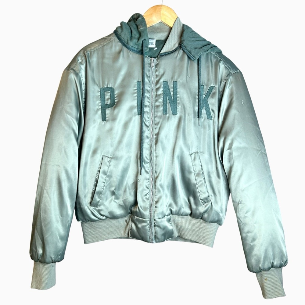 Victoria Secret PINK Green Bomber Jacket w/Detachable Hood Size Small